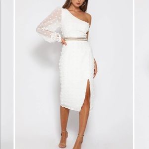 One Sleeve White Midi Dress with Slit